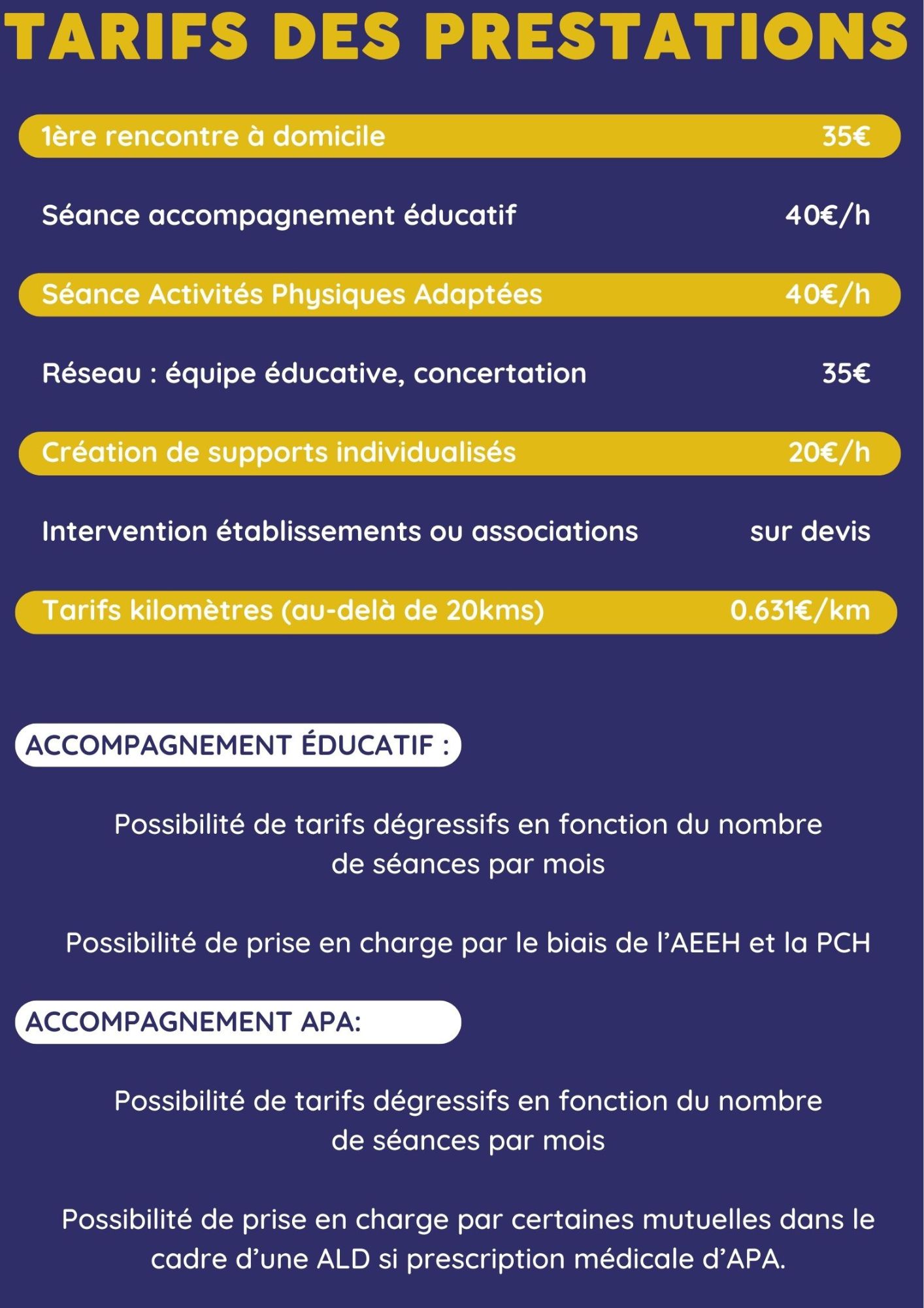 Tarifs des prestations proposées